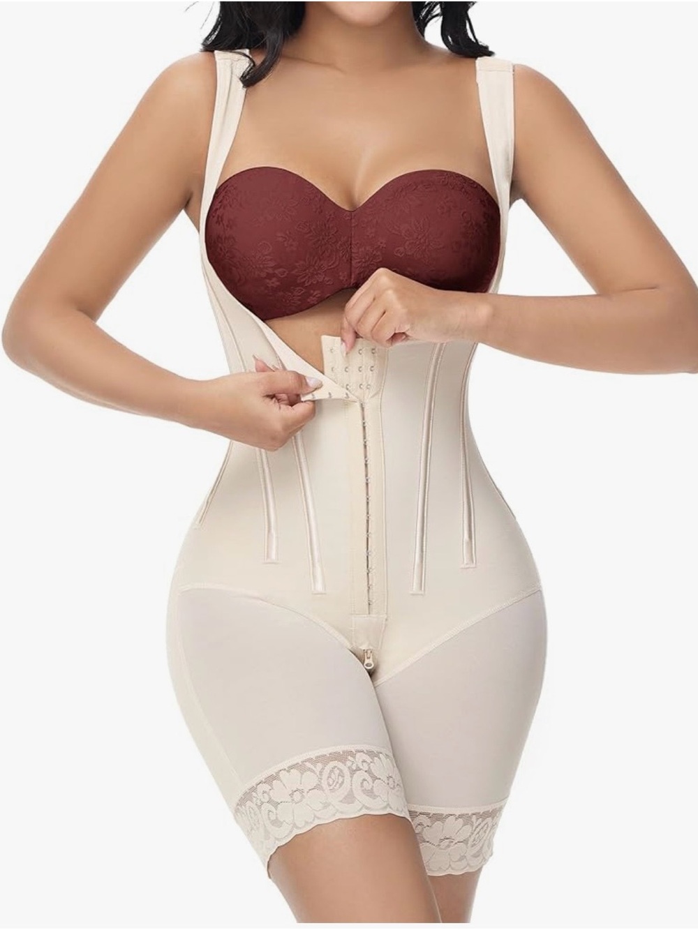High-Waist Lace-Trim Full Body Shaper - Cream
